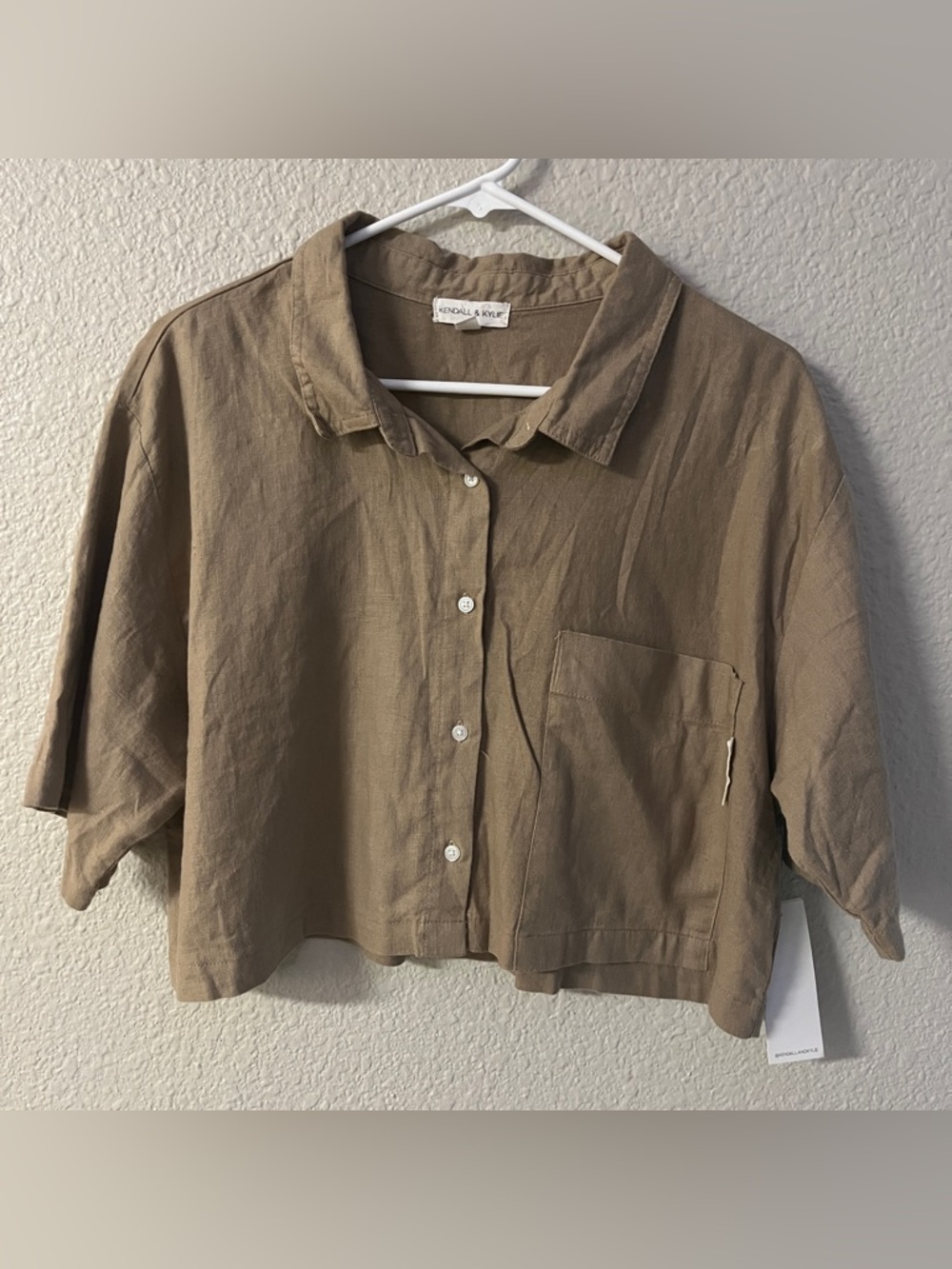 Kendall and Kylie Brown Linen Blend Collared Button-Up Cropped Top Size XL NWT